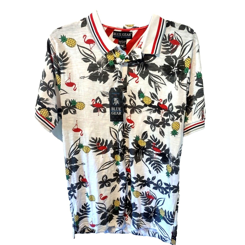 Blue Gear Hawaiian Shirt Men's Medium Graphic Print Design Polo Adult 3 Button‎